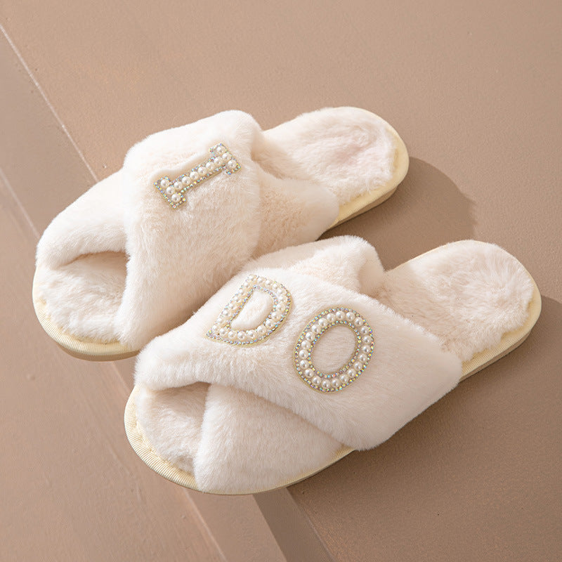 Cross-Border Popular Pearl Letters Bride Bridal Cross Fur Slippers Bachelor Party Wedding Plush Slippers for Women
