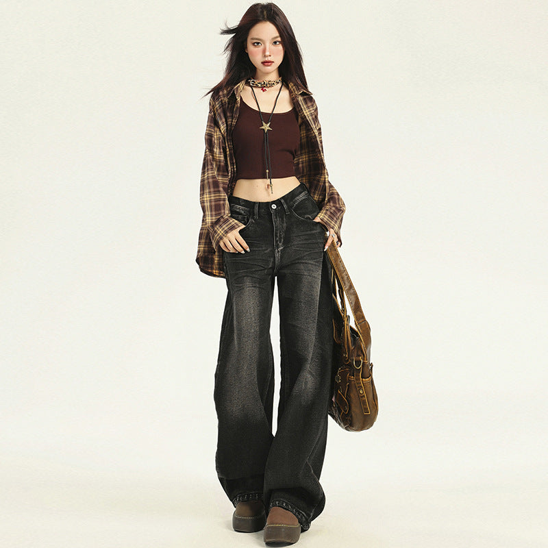 American Large Size Retro Black and Gray Jeans for Women Spring and Autumn New High-Waist Slim Straight Loose Wide-Leg Floor-Length Trousers