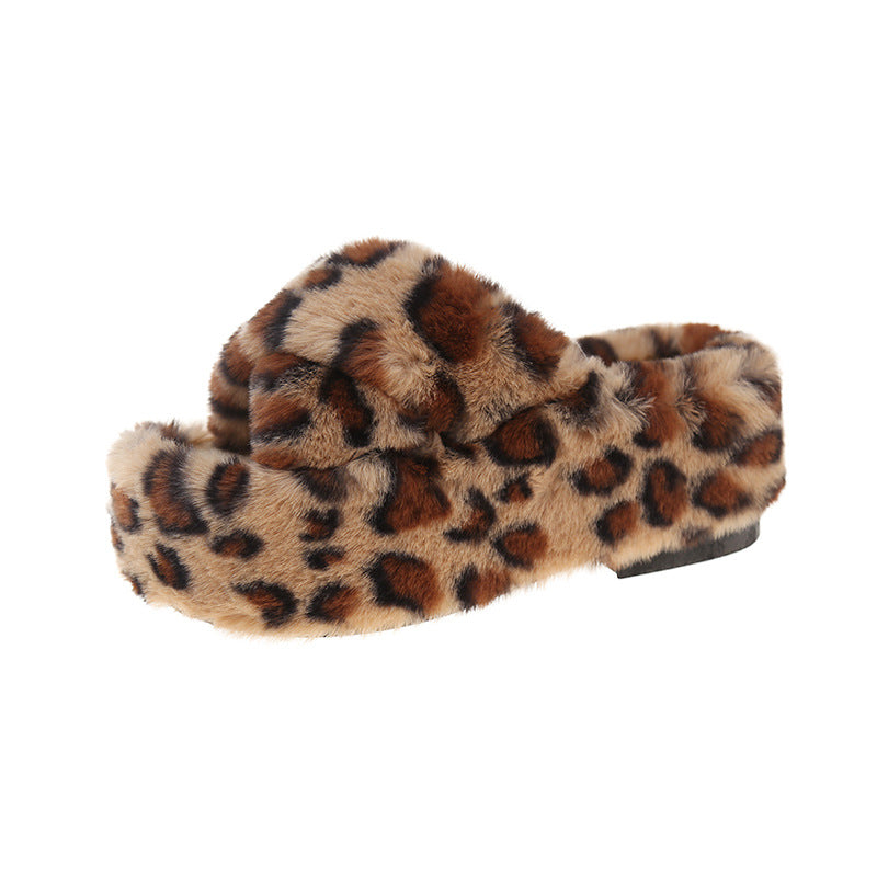 Internet Celebrity Leopard Print Furry Slippers for Women to Wear Outside 2025 New Autumn and Winter Thick-Soled Home Indoor Warm Plush Cotton Slippers