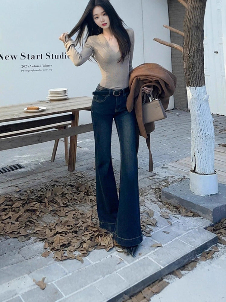 American Retro Flared Jeans for Women, Spring New Slim Fit Low-Rise Straight Cigarette Flared Pants Trendy