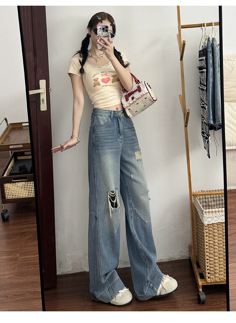 2025 Retro High-Waisted Ripped Jeans for Women in Spring and Autum New Pear-Shaped Figure Slimming Look Loose Wide-Leg Pants