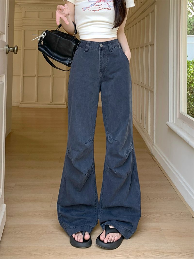 American Retro Design Workwear Jeans for Women New High Street Personalized Pleated Loose Straight Casual Pants