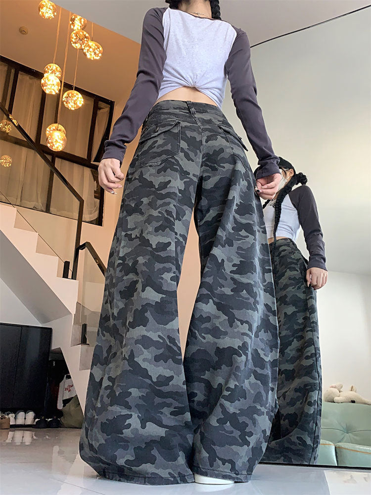 Plus Size Workwear Wide-Leg Camouflage Jeans for Women, Autumn American Style, Loose Retro Drape, Lazy Straight Pants for Chubby Women