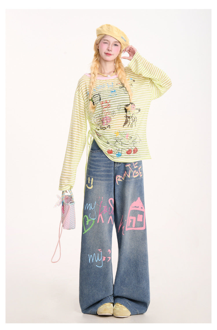 American Graffiti Print Jeans for Women, Trendy Retro Washed Straight Pants, Loose Casual Drape Versatile Casual Pants