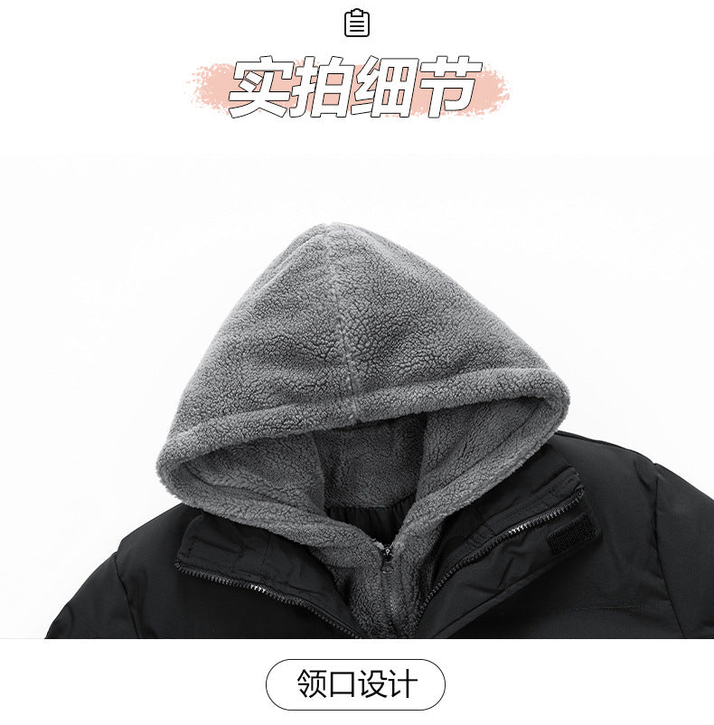 2025 Winter New Cross-Border Men's Cotton Jacket, Faux Two-Piece Solid Color Design with Fleece Lining and Thickened Polar Fleece Cotton Coat