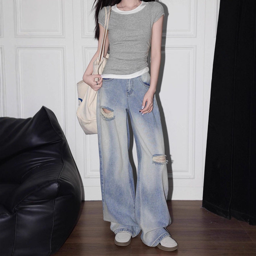 Spring and Autumn Design Retro Versatile Light Blue Ripped Jeans for Women American Style Loose High-Waisted Wide-Leg Pants