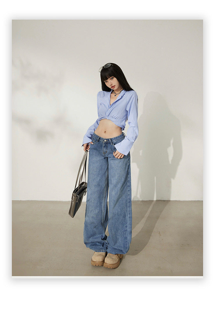 Retro Washed Wide-Leg Jeans for Women, Autumn New Low-Waist Straight Loose Design, Slimming Floor-Length Pants