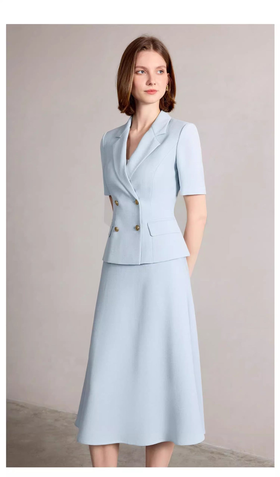 Summer New Short-Sleeved Light Blue Professional Women's Skirt Suit Double-Breasted Suit Collar Office Manager Commuting Formal Wear