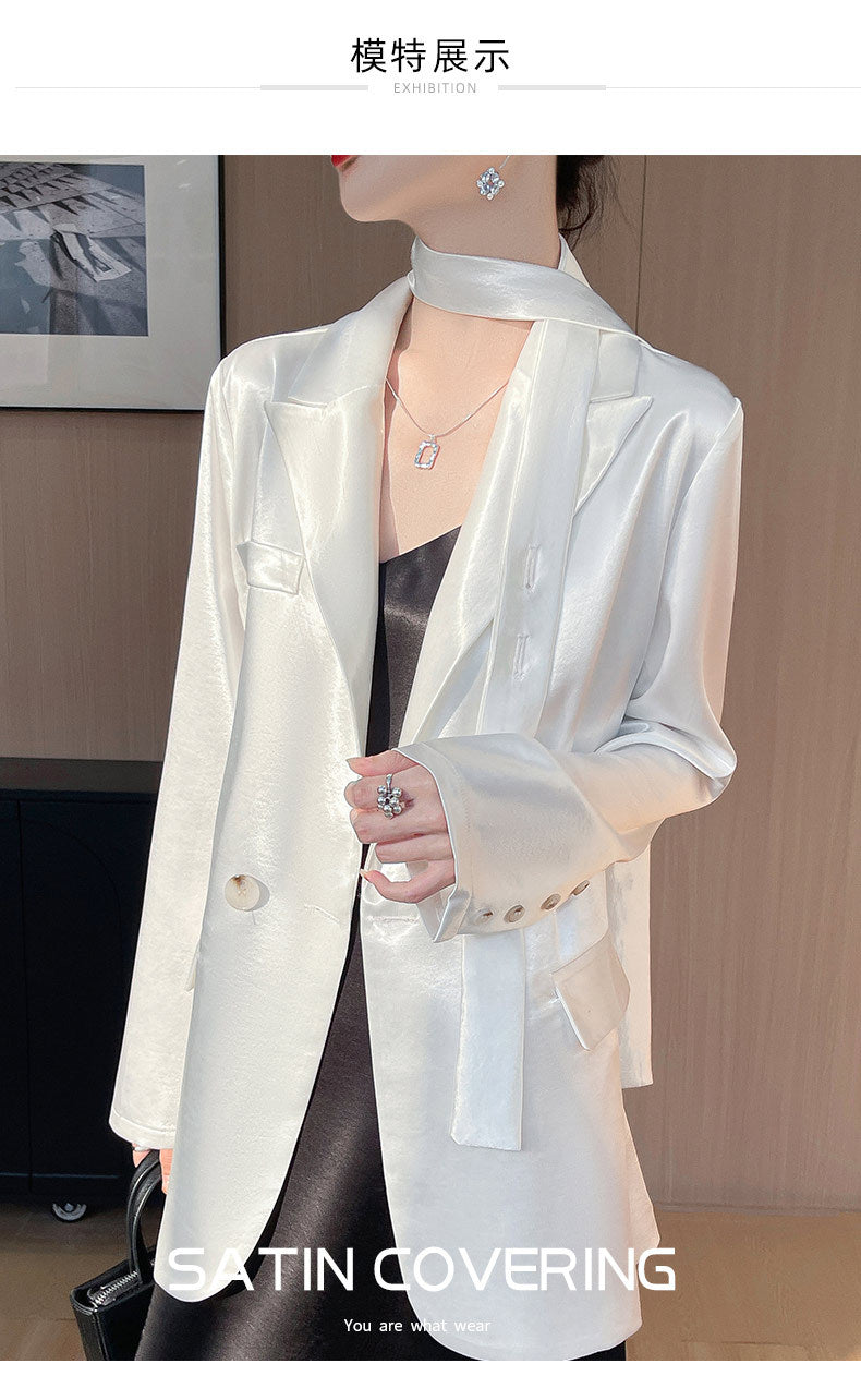 Light Luxury French Style Slimming Women's Coat Belt Satin Suit Women's Loose Elegant Glossy Casual Suit