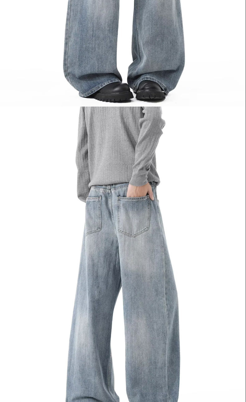 Spring and Autumn American Retro Blue Versatile Wide-Leg Men's Jeans, Stylish Hip-Hop Loose Petite Drape Straight Pants