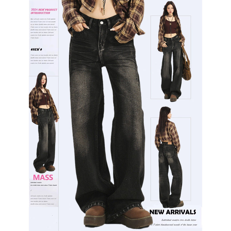 American Large Size Retro Black and Gray Jeans for Women Spring and Autumn New High-Waist Slim Straight Loose Wide-Leg Floor-Length Trousers