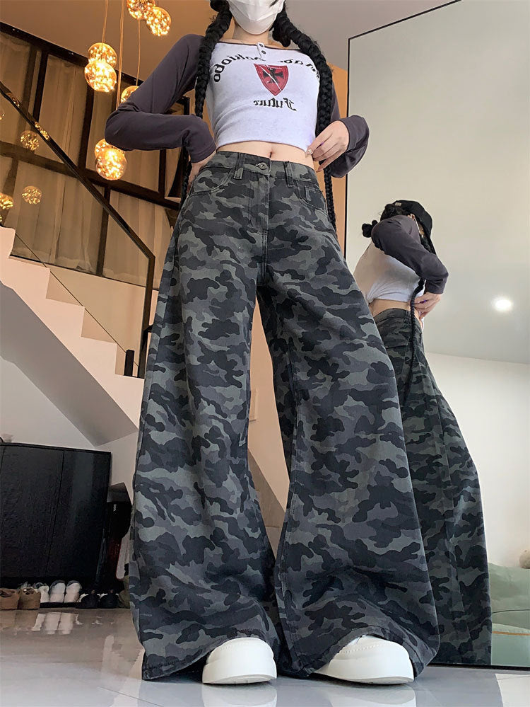 Plus Size Workwear Wide-Leg Camouflage Jeans for Women, Autumn American Style, Loose Retro Drape, Lazy Straight Pants for Chubby Women