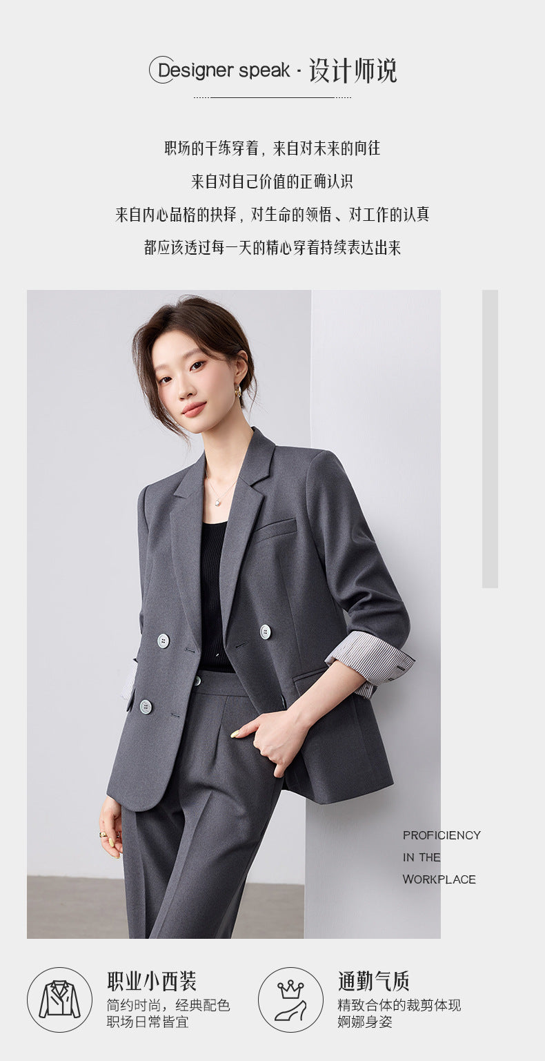 Cross-Border Fashion Simple Double-Breasted Suit Set for Women, New Design with High-End Elegance and Goddess-Like Style, Long-Sleeve Blazer