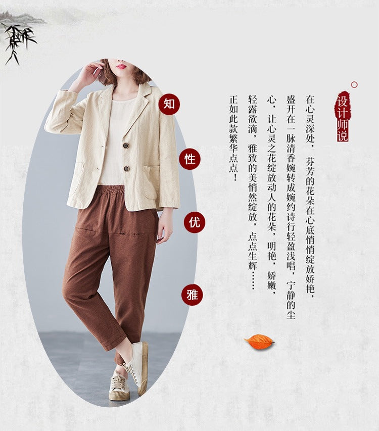 2025 Real Shot of New Cotton and Linen Retro Literary Loose Versatile Casual Long-Sleeved Button-Down Small Suit Short Jacket for Women