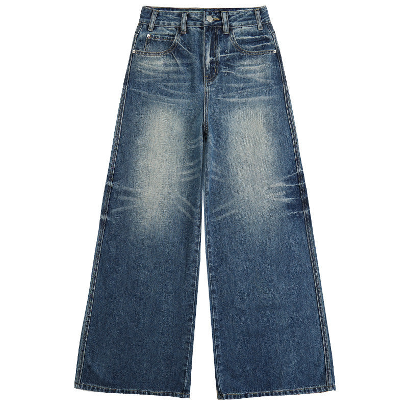 Raccoon House # High-Waisted Loose Whiskered Floral Heavy Craft Jeans for Women 2025 Autumn New Drape Slimming Floor-Length Pants