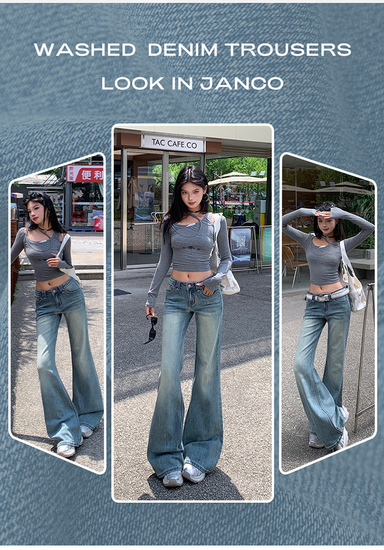 American Hot Girl Washed Retro Slim Jeans for Women Early Autumn New Versatile Fashionable and Comfortable Low-Waist Micro-Flared Pants
