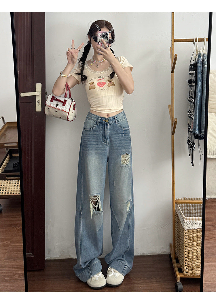 2025 Retro High-Waisted Ripped Jeans for Women in Spring and Autum New Pear-Shaped Figure Slimming Look Loose Wide-Leg Pants