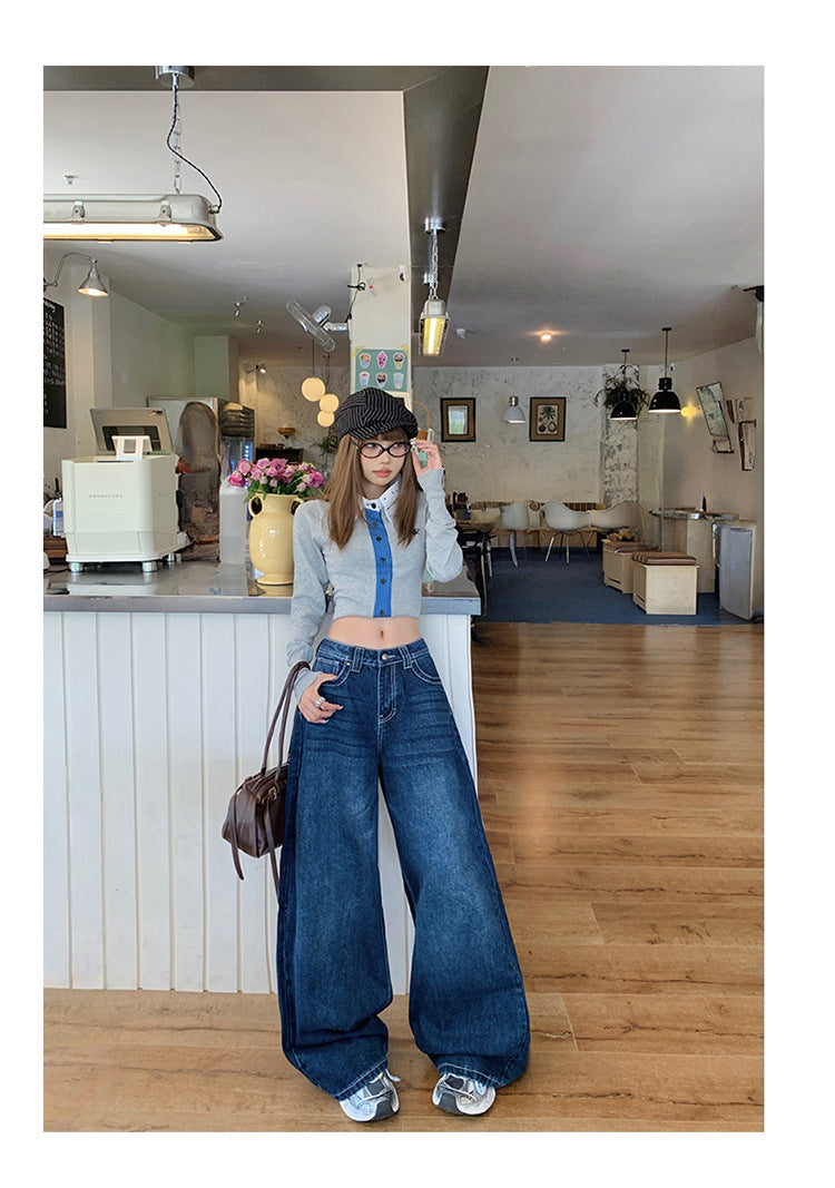 American-Style Dark Blue Wide-Leg Jeans for Women, 2025 Autumn New Straight High-Waisted Loose Slimming Lazy Floor-Length Pants