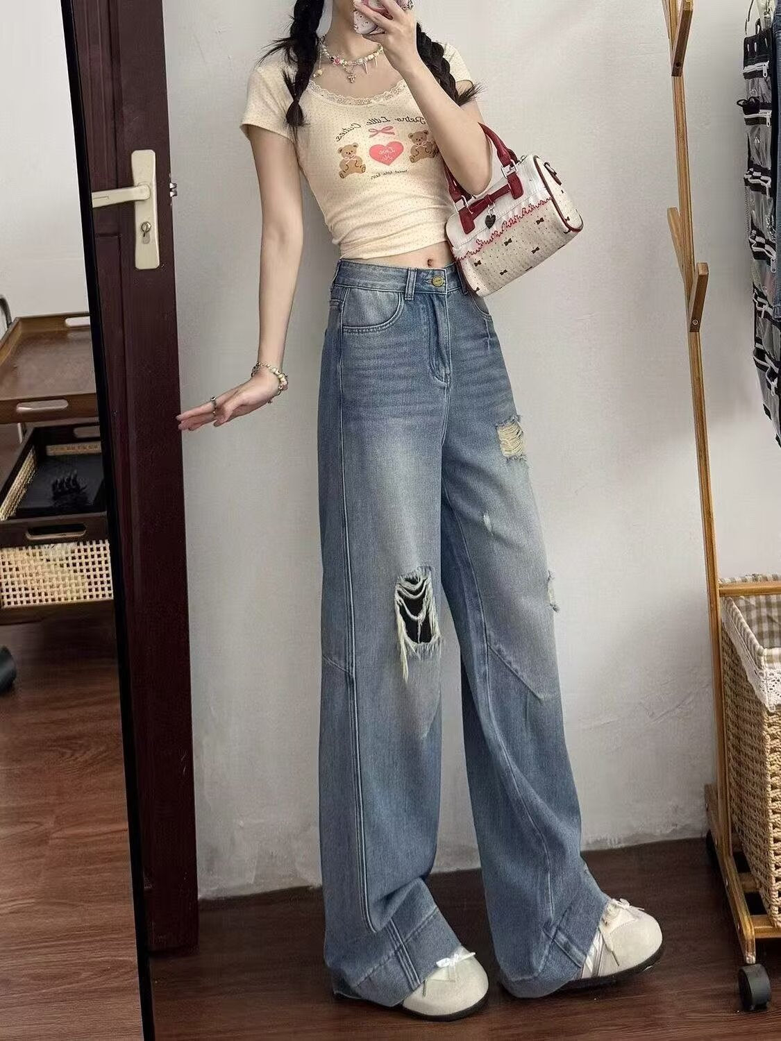 American Style Ripped Jeans for Women, Autumn New Plus-Size High-Waisted Pear-Shaped Figure Slimming Loose Wide-Leg Pants