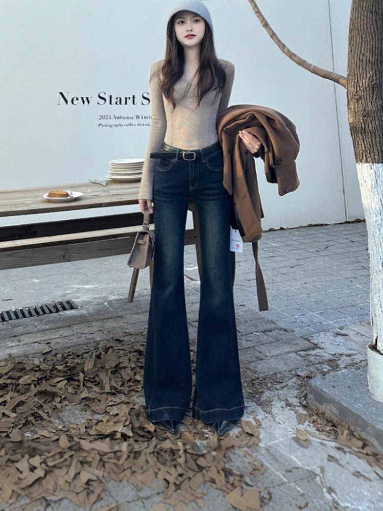 American Retro Flared Jeans for Women, Spring New Slim Fit Low-Rise Straight Cigarette Flared Pants Trendy