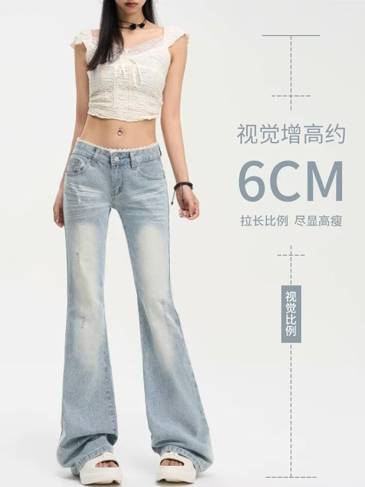Washed Blue American Style Bootcut Pants for Women 2025 Autum New Lace Splicing Versatile Slimming Look Low-Waist Retro Jeans