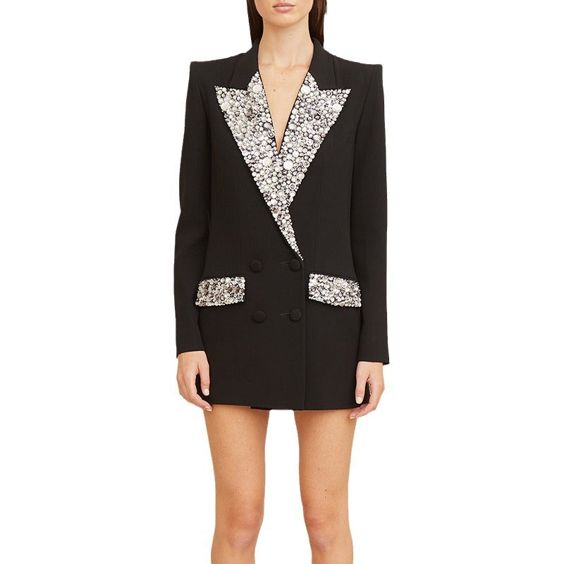 In Stock 2026 European and American Trendy Fashion New Style Handmade Luxurious Heavy Beading and Rhinestone Embellished Slim Fit Mid-Length Blazer