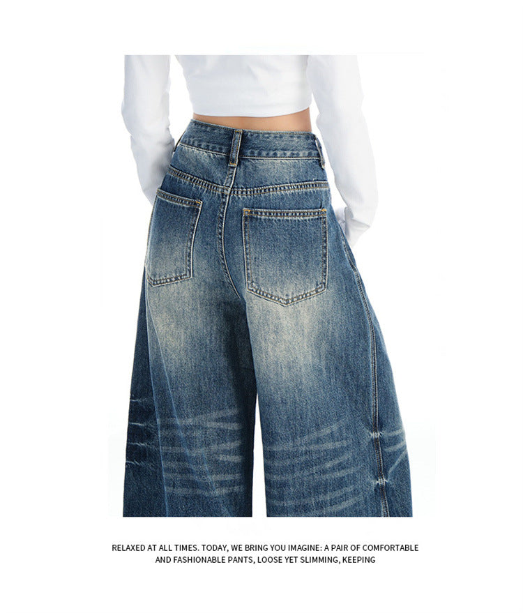 Raccoon House # High-Waisted Loose Whiskered Floral Heavy Craft Jeans for Women 2025 Autumn New Drape Slimming Floor-Length Pants