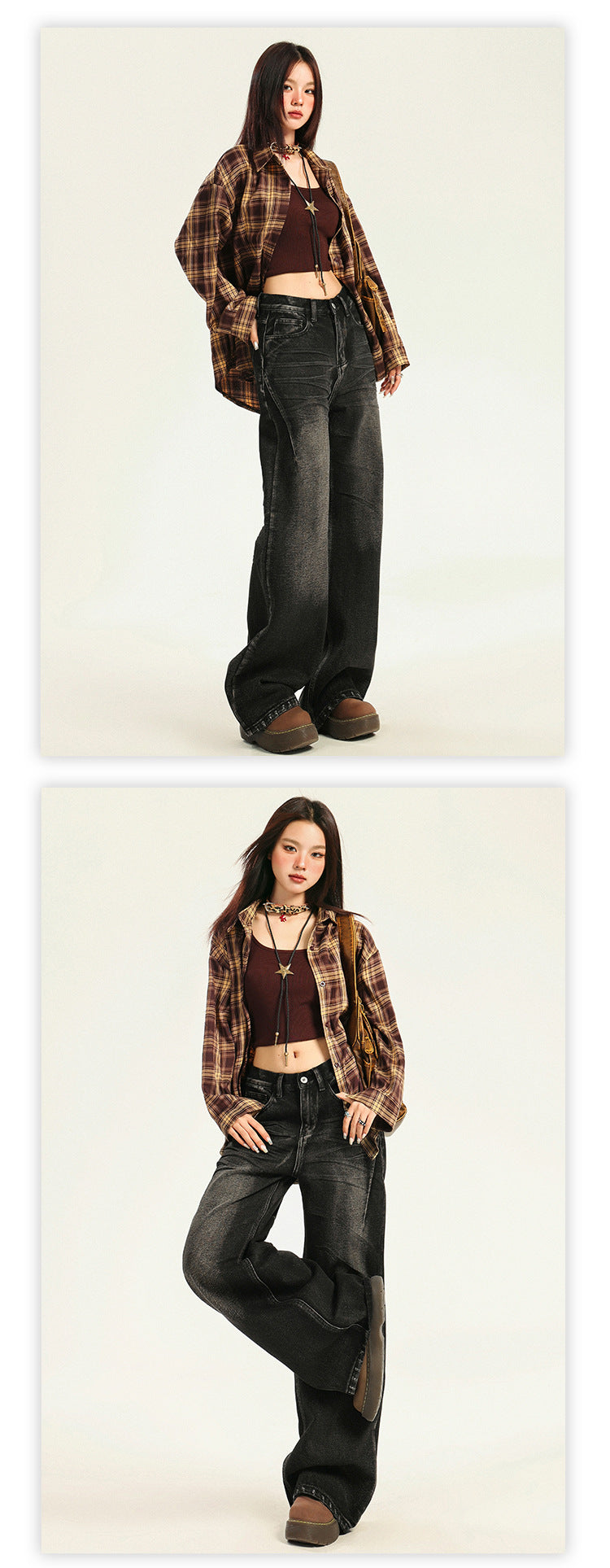 American Large Size Retro Black and Gray Jeans for Women Spring and Autumn New High-Waist Slim Straight Loose Wide-Leg Floor-Length Trousers