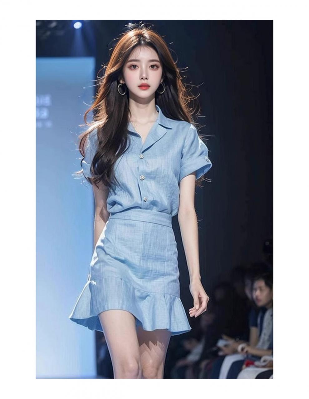 Foreign trade women's clothing age-reducing foreign-style fashion this year popular beautiful small fragrant style professional blue top skirt two pieces