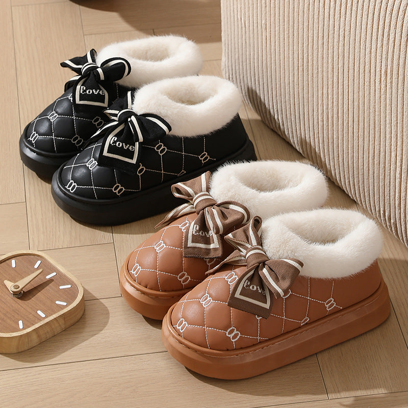 High-value Bow Waterproof Cotton Shoes Women's Bag Heel Winter Indoor Home fleece-lined Non-slip Cotton Slippers for Outer Wearing to Keep Warm