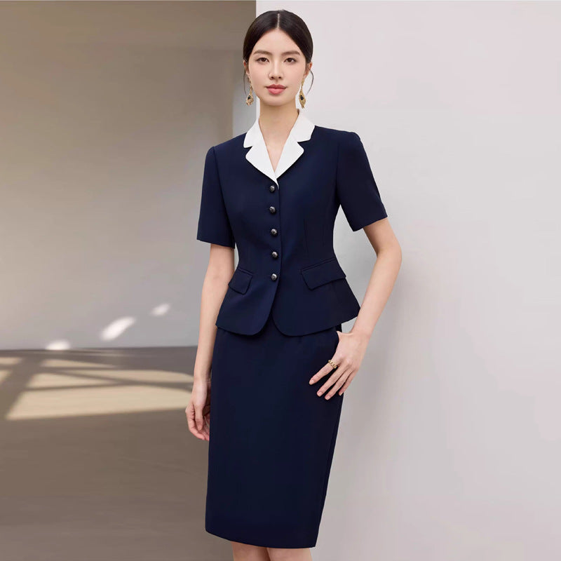 Summer New Navy Blue Short-Sleeved Professional Suit Suit Color-Blocked Suit Collar Single-Breasted Slim Slim Work Clothes