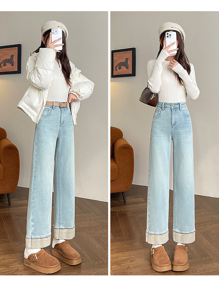 Fleece-Lined Cigarette Jeans for Women, Autumn/Winter 2026 New Style, Wide-Leg, Slim-Fit, Loose, Flattering, Petite Straight-Leg Pants