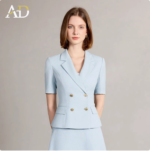 Summer New Short-Sleeved Light Blue Professional Women's Skirt Suit Double-Breasted Suit Collar Office Manager Commuting Formal Wear