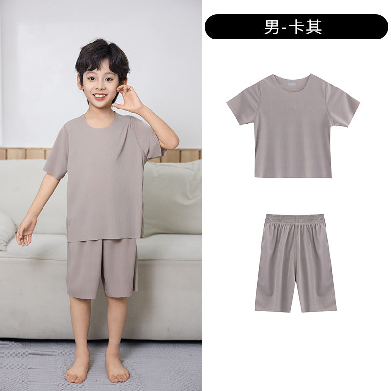 Summer New Style Boys' Short-Sleeved Loose Seamless Ice Silk Home Clothes Children's Two-Piece Set Girls' Pajamas Set Wholesale