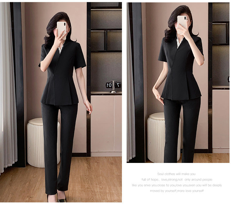 Blue Suit Jacket Women's Spring and Summer Short-sleeved Jewelry Store Front Desk Business Dress Dress Waist Tight Beauty Salon Suit suit