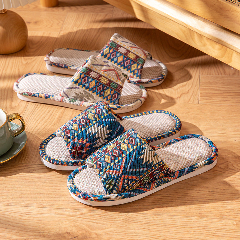 Linen Slippers Women's Spring and Autumn Household Couple's Home Indoor Mute Non-Slip Soft Bottom Four Seasons Cotton and Linen Fabric Slippers for Men