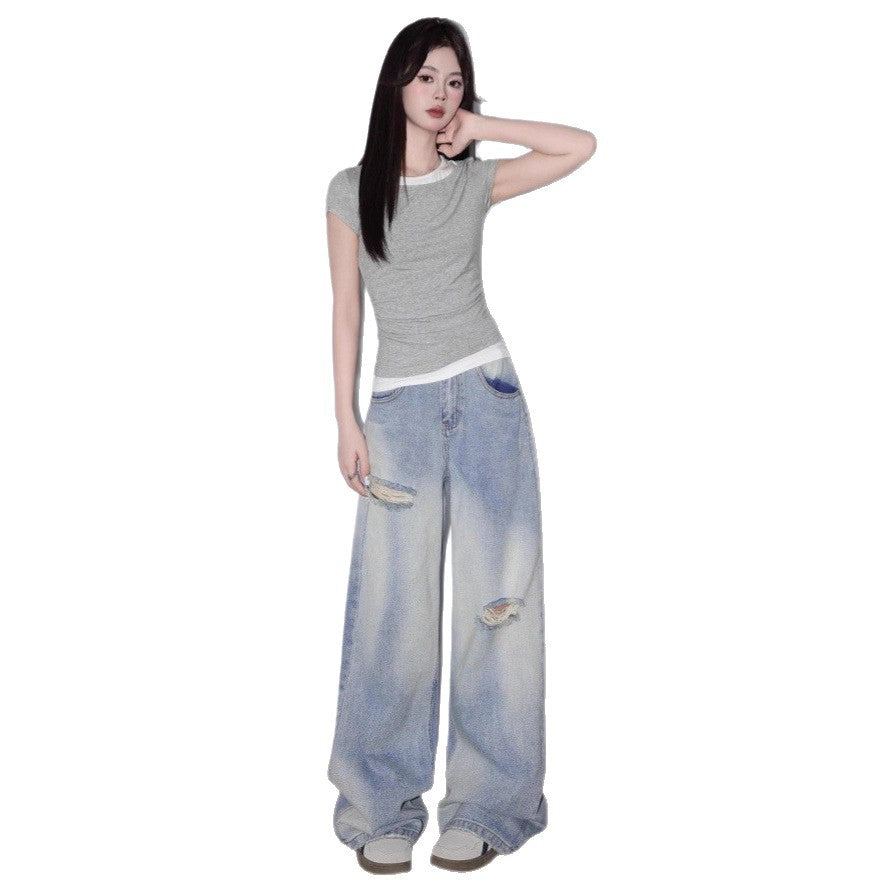 Spring and Autumn Design Retro Versatile Light Blue Ripped Jeans for Women American Style Loose High-Waisted Wide-Leg Pants