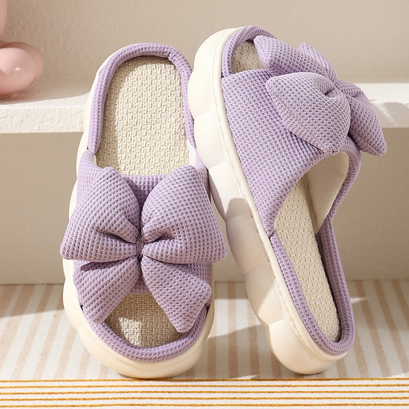 Cross-Border Foreign Trade Bow-Knot Linen Slippers for Women, Summer Home Breathable Non-Slip Comfortable Casual Indoor Thick-Soled Linen Slippers for Women