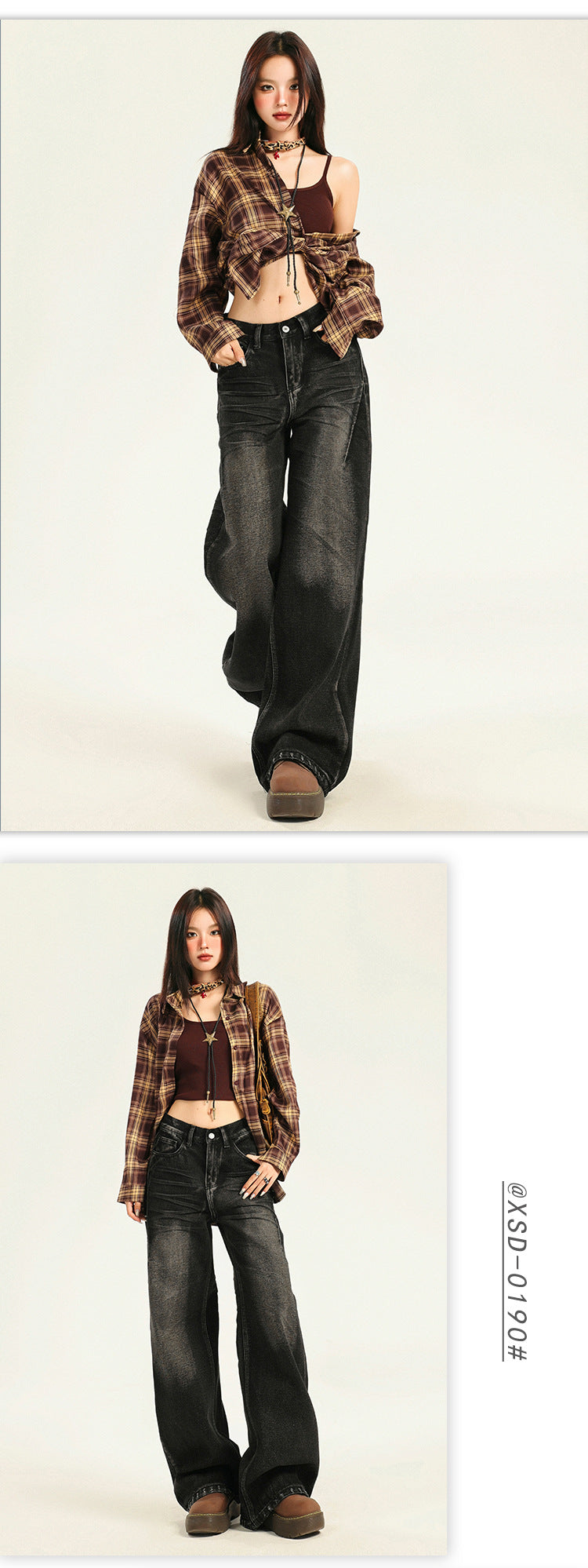 American Large Size Retro Black and Gray Jeans for Women Spring and Autumn New High-Waist Slim Straight Loose Wide-Leg Floor-Length Trousers