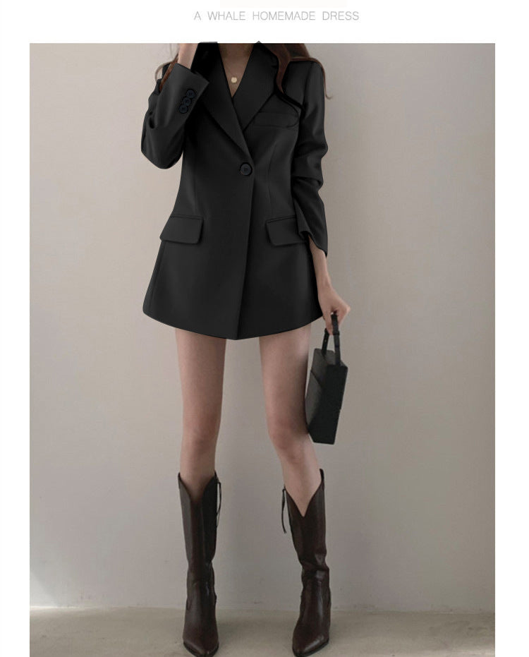 khaki Suit Jacket Women's Spring and Autumn Korean-style Ins Hong Kong-style Retro Top Tight Waist Slimming Mid-length Small Suit