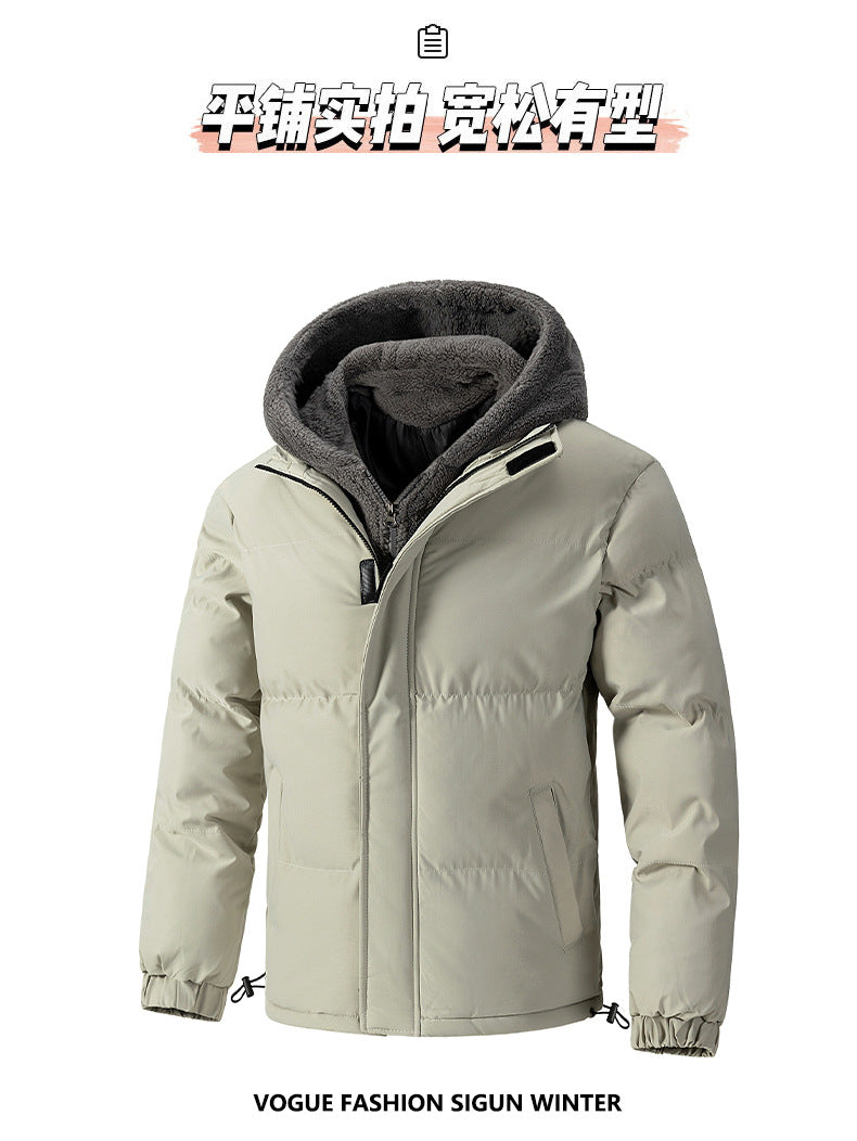 2025 Winter New Cross-Border Men's Cotton Jacket, Faux Two-Piece Solid Color Design with Fleece Lining and Thickened Polar Fleece Cotton Coat