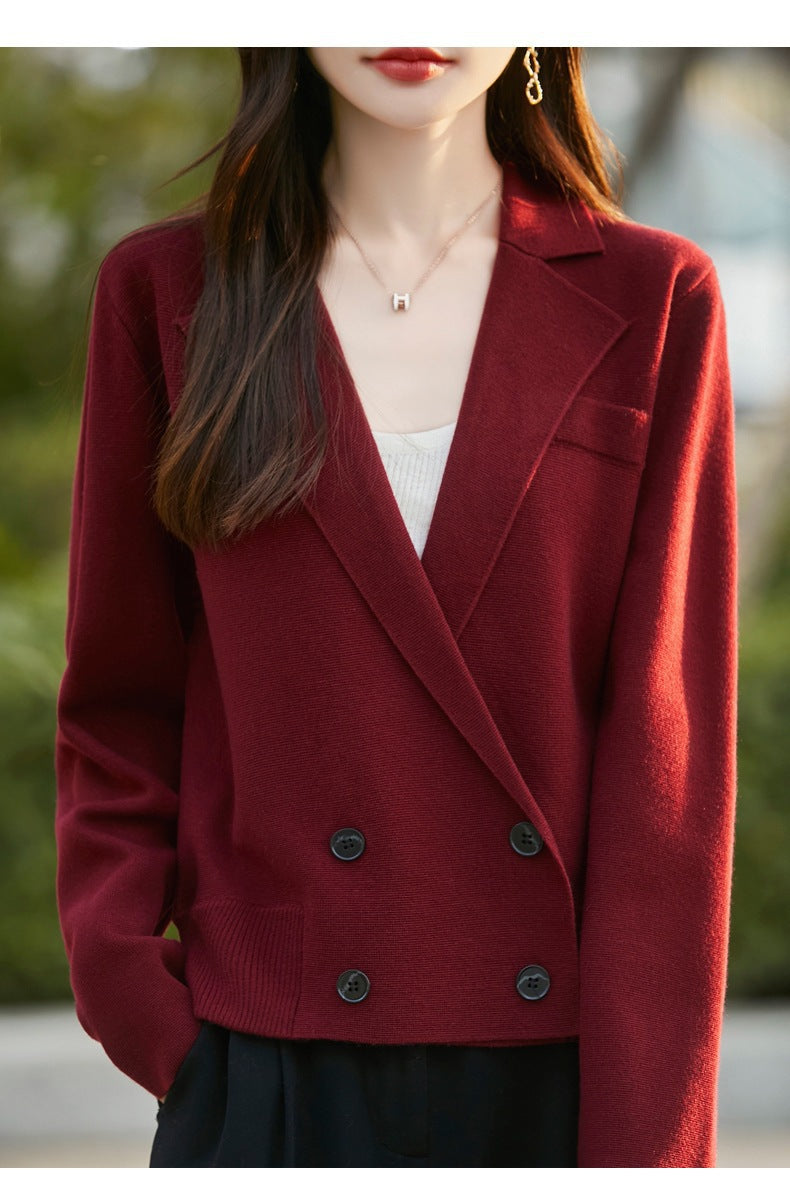 Spring and Autumn Suit Collar Worsted Wool Cardigan Women's Casual Tops Autumn and Winter Cashmere Sweater Top New Style