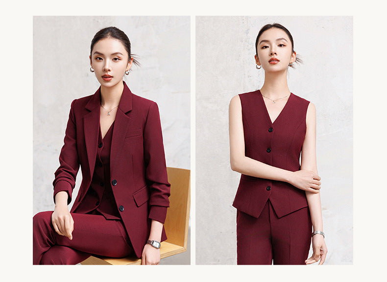 Cross-Border Red Hostess Suit Set for Women, Formal Attire for Broadcast Art Exams, Speech Competitions, Interviews, and News Anchor On-Camera Appearance