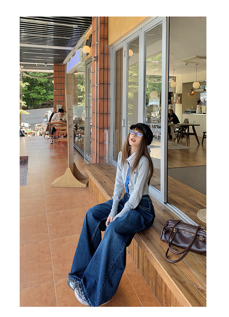 American-Style Dark Blue Wide-Leg Jeans for Women, 2025 Autumn New Straight High-Waisted Loose Slimming Lazy Floor-Length Pants