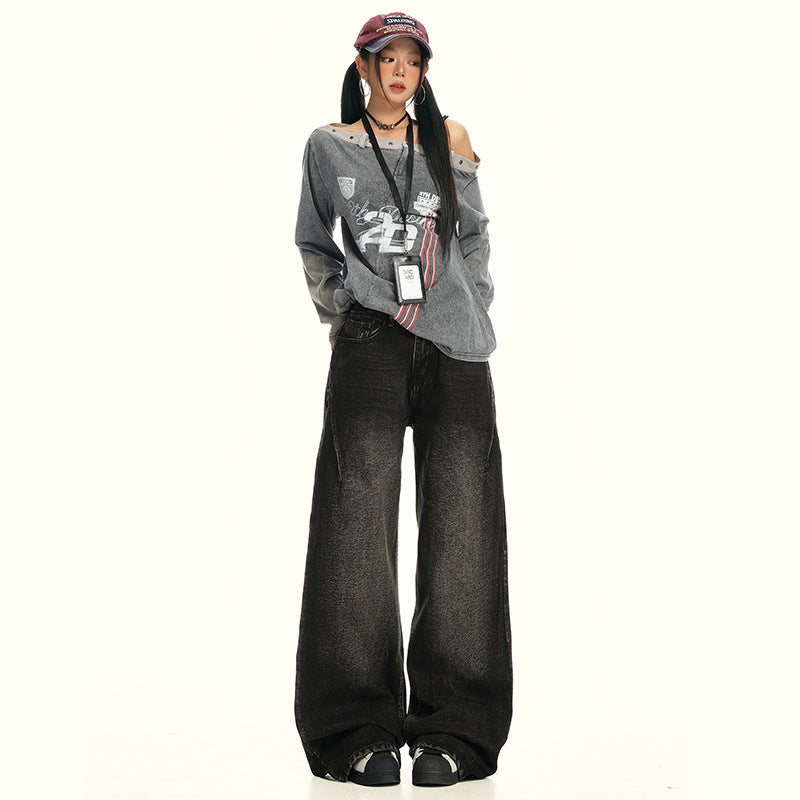 American Retro Wide-Leg Jeans for Women 2025 Early Autumn New Design Distressed Slimming Straight-Leg Floor-Length Pants