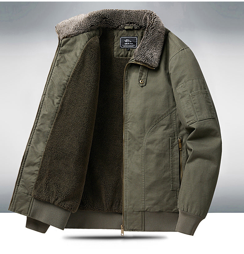 2024 Autumn/Winter New Cross-Border Men's Fleece-Lined Cotton Jacket with Stand Collar, Neck Protection, Cold-Proof, Washable Cotton Coat, Pure Cotton Outerwear