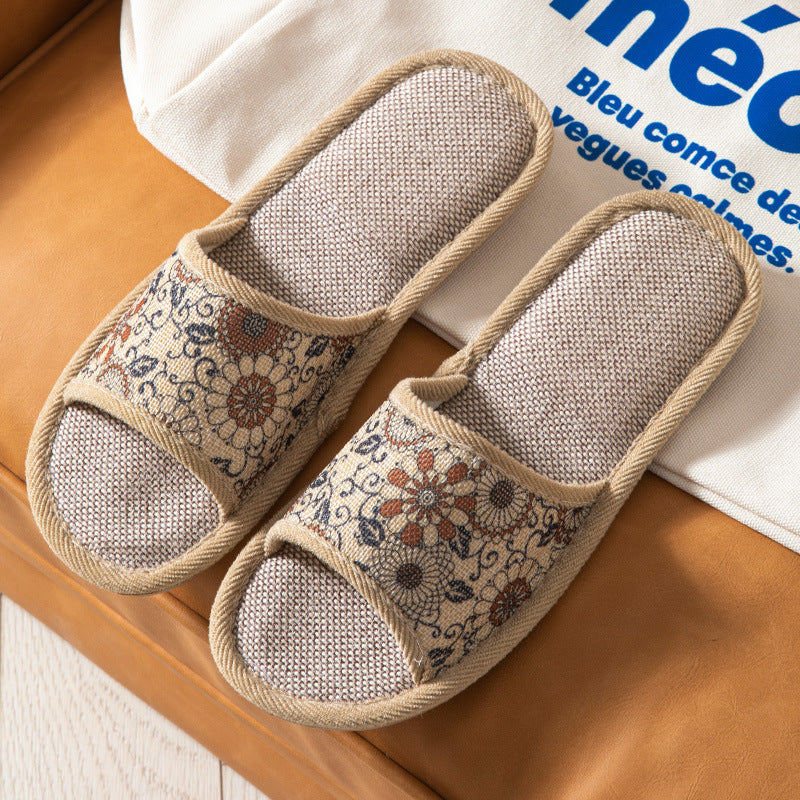 Open Toe Opening Four Seasons Linen Wheel Retro Flower Flower Four Seasons Linen Slippers
