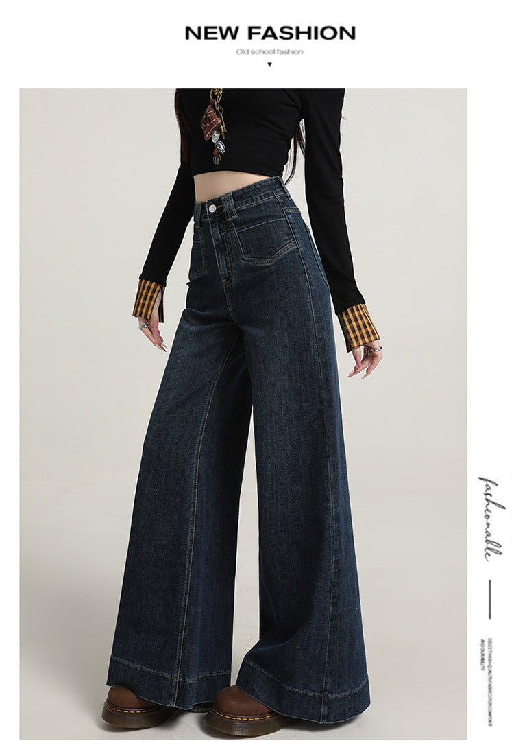 Retro American Style Denim Blue Flared Jeans for Women 2025 Autumn New Slimming Versatile Bootcut Pants