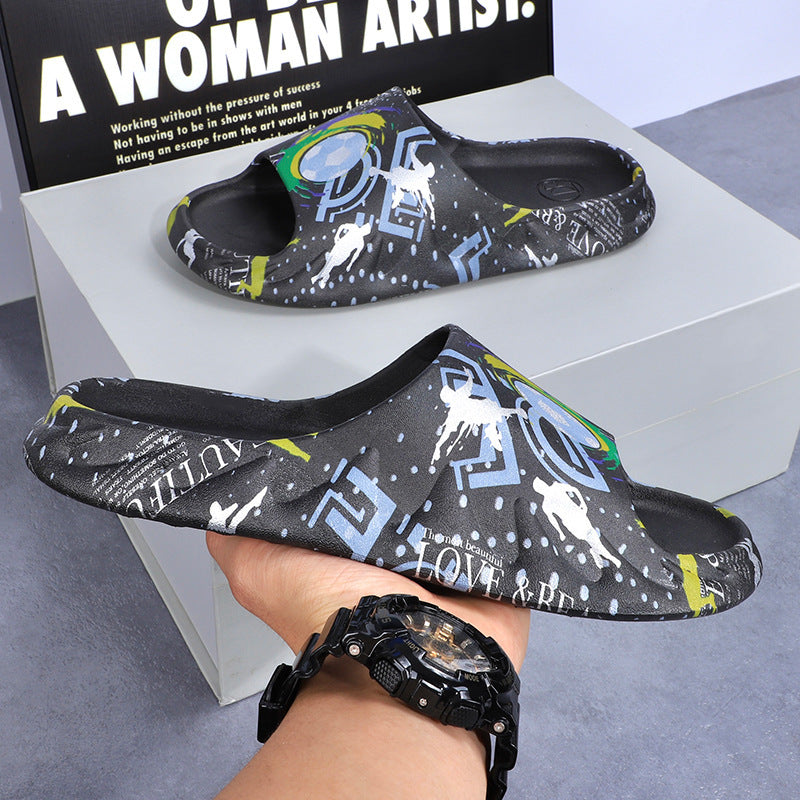 2025 New Style Slippers Men's Sporty Style Summer Odor-proof Non-slip Casual Flame Trendy Couple's Home Slippers