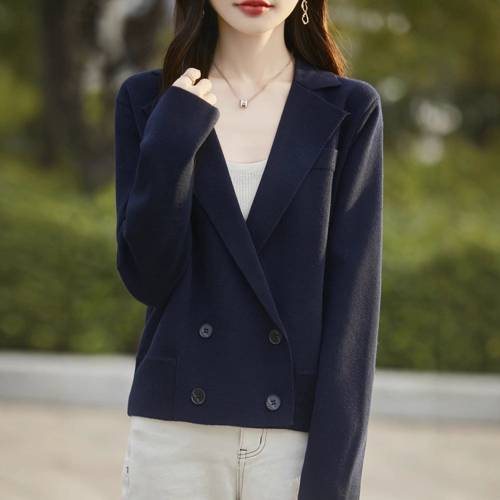 Spring and Autumn Suit Collar Worsted Wool Cardigan Women's Casual Tops Autumn and Winter Cashmere Sweater Top New Style